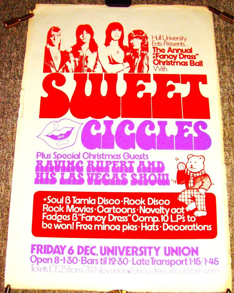 SWEET GIGGLES RAVING RUPERT SUPERB RARE CONCERT POSTER FRI 6th DEC 1974 HUL