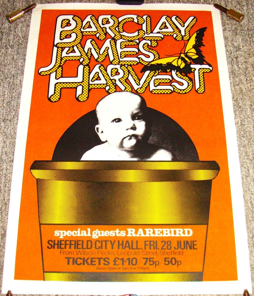 BARCLAY JAMES HARVEST RAREBIRD CONCERT POSTER FRI 28th JUNE 1974 SHEFFIELD 