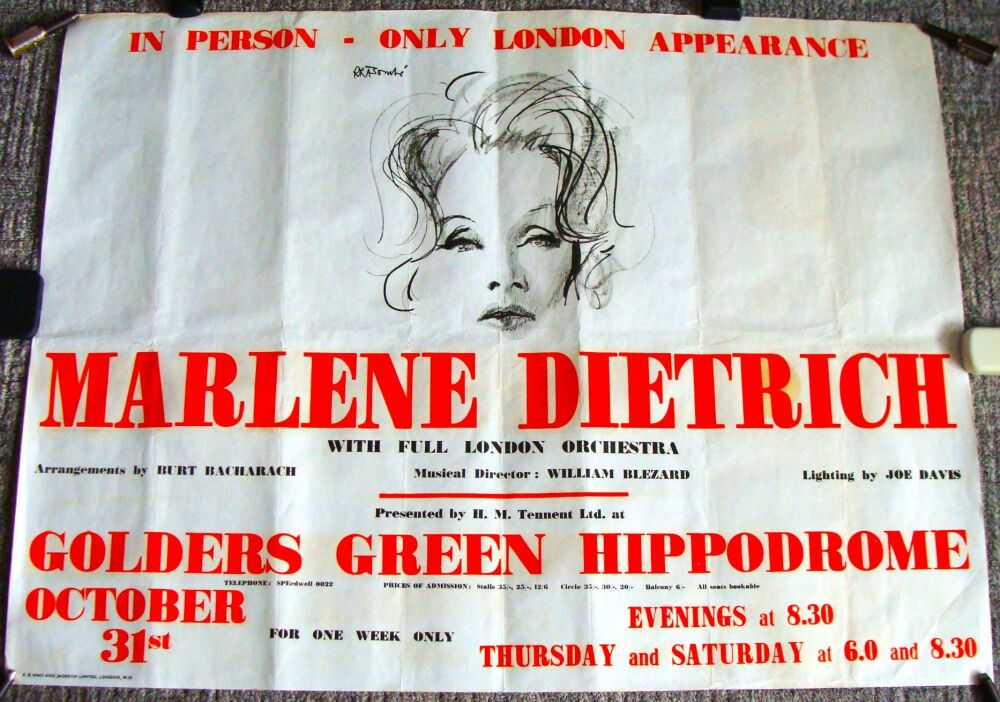 MARLENE DIETRICH STUNNING RARE CONCERT POSTER OCT/NOV 1966 GOLDERS GREEN LO