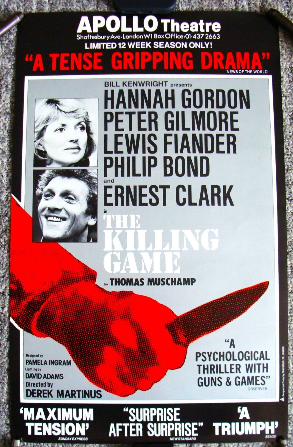 HANNAH GORDON PETER GILMORE THE KILLING GAME POSTER APOLLO THEATRE LONDON 1