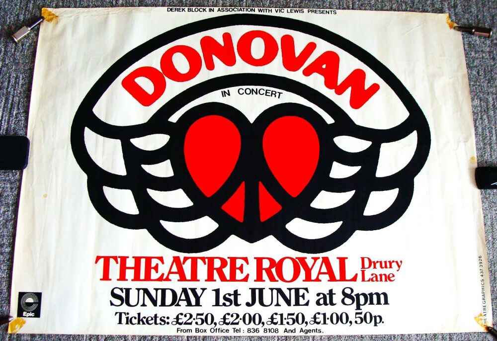 DONOVAN RARE CONCERT POSTER SUN 1st JUNE 1975 THEATRE ROYAL DRURY LANE LOND