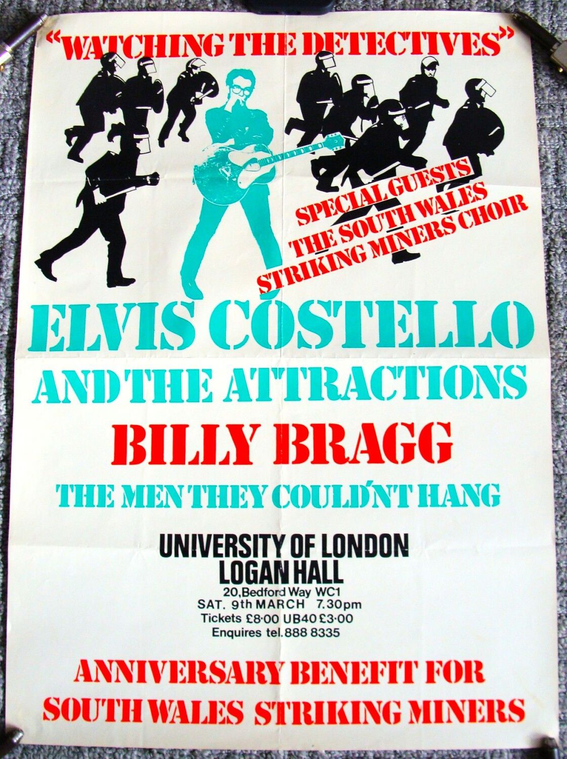 ELVIS COSTELLO BILLY BRAGG CONCERT POSTER SAT MARCH 9th 1985 LOGAN HALL LON