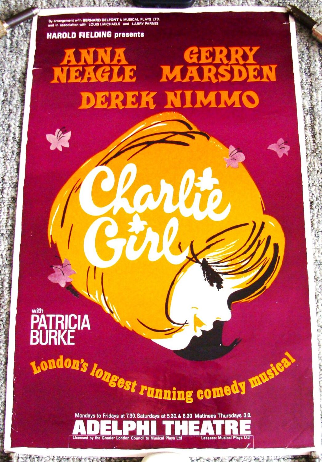 CHARLIE GIRL ANNA NEAGLE GERRY MARSDEN RARE POSTER ADELPHI THEATRE LONDON 1