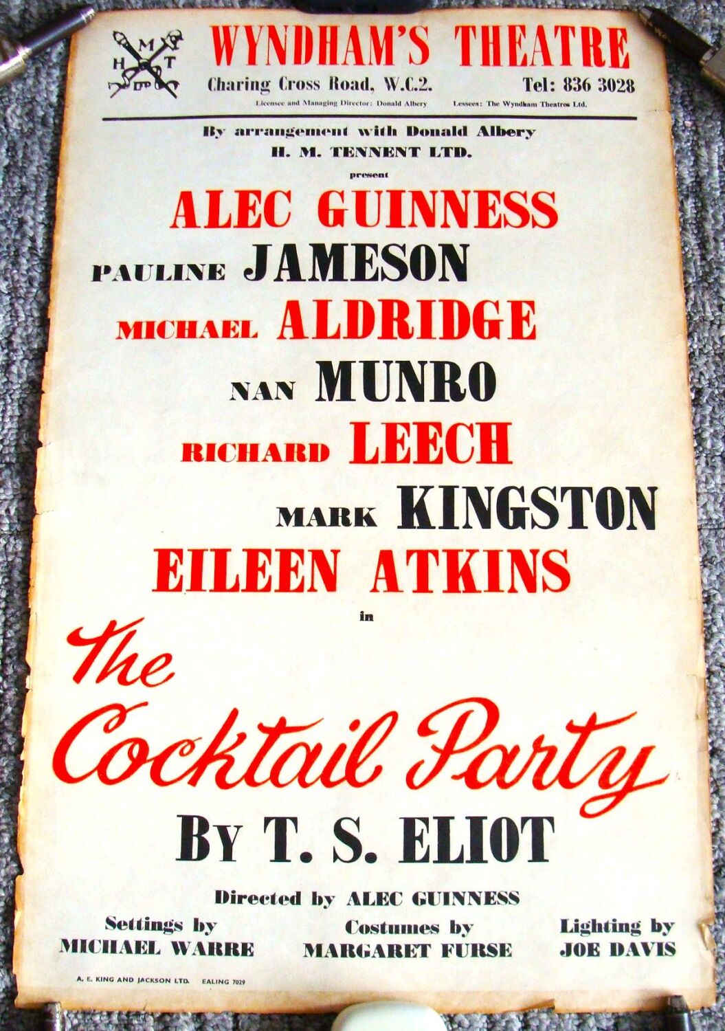 THE COCKTAIL PARTY ALEC GUINNESS RARE POSTER FOR WYNDHAM'S THEATRE LONDON 1