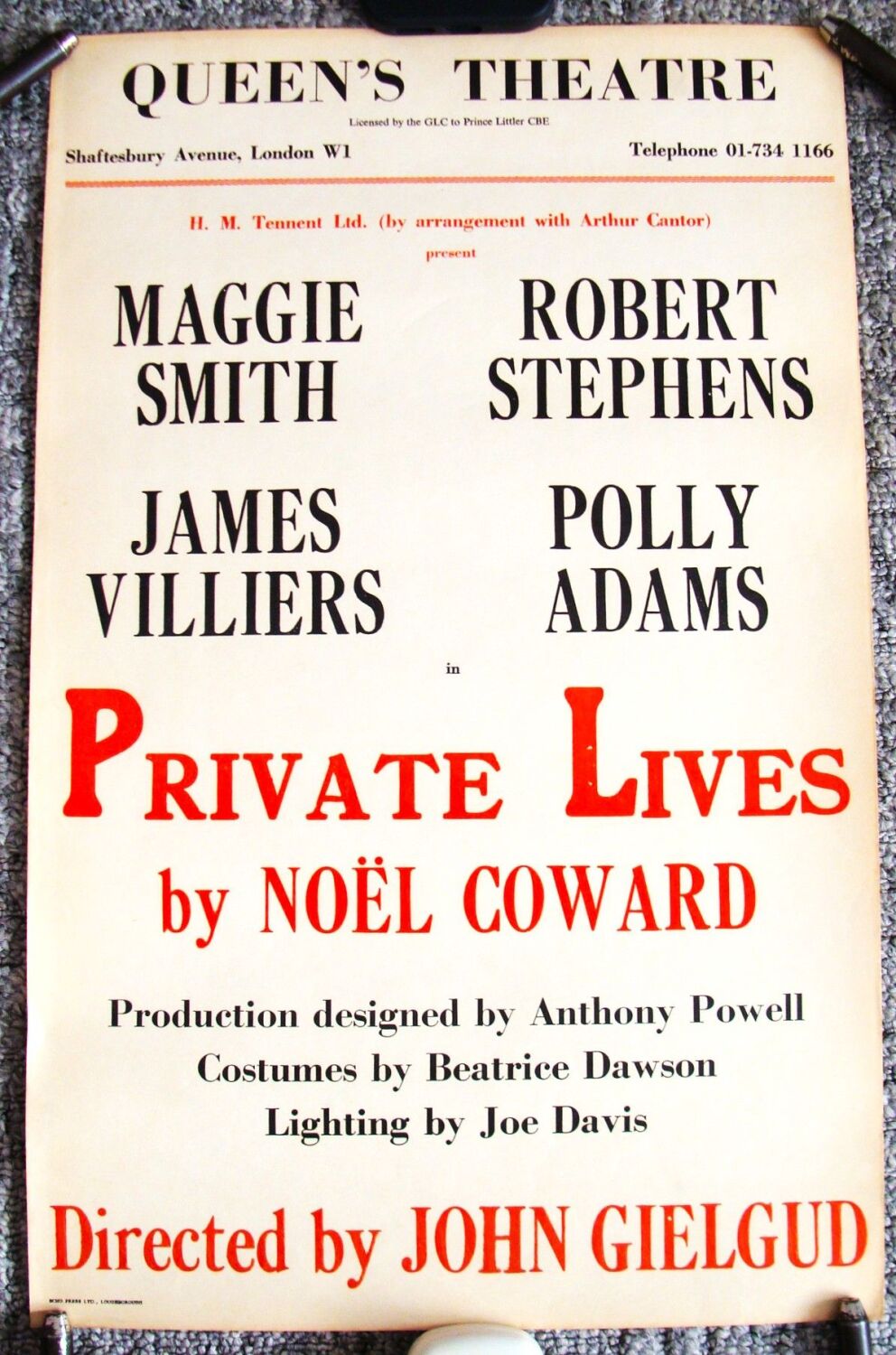 PRIVATE LIVES MAGGIE SMITH JOHN GIELGUD SUPERB POSTER QUEENS THEATRE LONDON