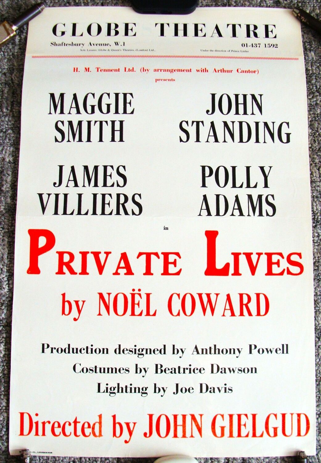 PRIVATE LIVES MAGGIE SMITH JOHN STANDING RARE POSTER GLOBE THEATRE LONDON 1
