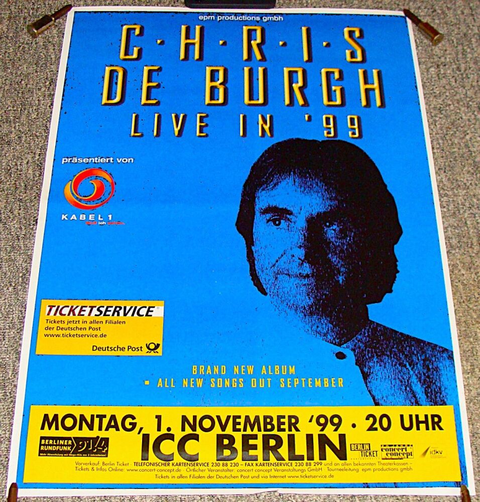 CHRIS DE BURGH SUPERB RARE CONCERT POSTER MONDAY 1st NOVEMBER 1999 ICC BERL