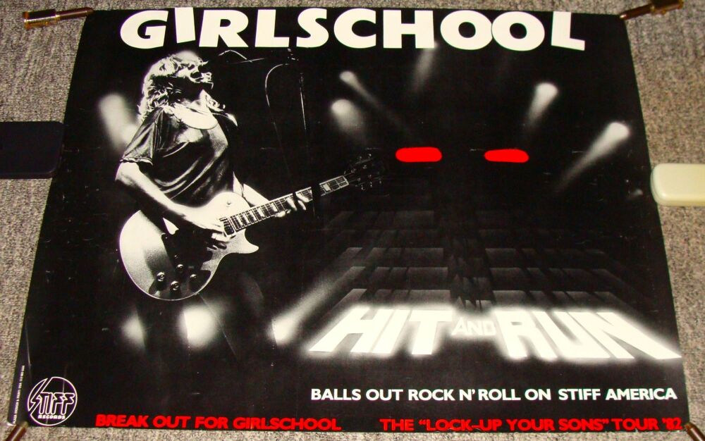 GIRLSCHOOL STUNNING U.S. RECORD COMPANY PROMO POSTER 'HIT AND RUN' ALBUM IN