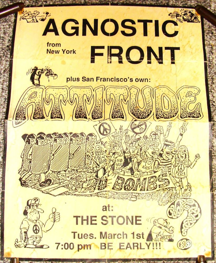 AGNOSTIC FRONT ATTITUDE RARE CONCERT POSTER TUE 1st MARCH 1988 THE STONE U.