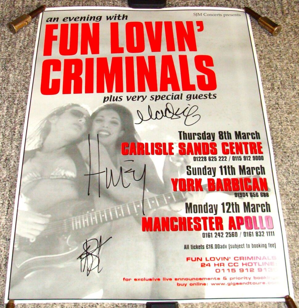 FUN LOVIN' CRIMINALS SUPERB AND RARE U.K. CONCERTS POSTER FROM 2001 AUTOGRA
