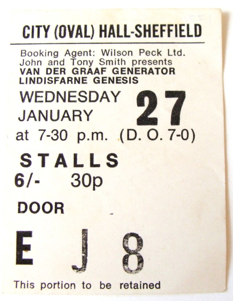 VAN DER GRAFF GENERATOR LINDISFARNE GENESIS UK CONCERT TICKET WED 27th JAN 
