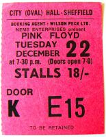 PINK FLOYD RARE CONCERT TICKET TUESDAY 22nd DECEMBER 1970 SHEFFIELD CITY HALL UK