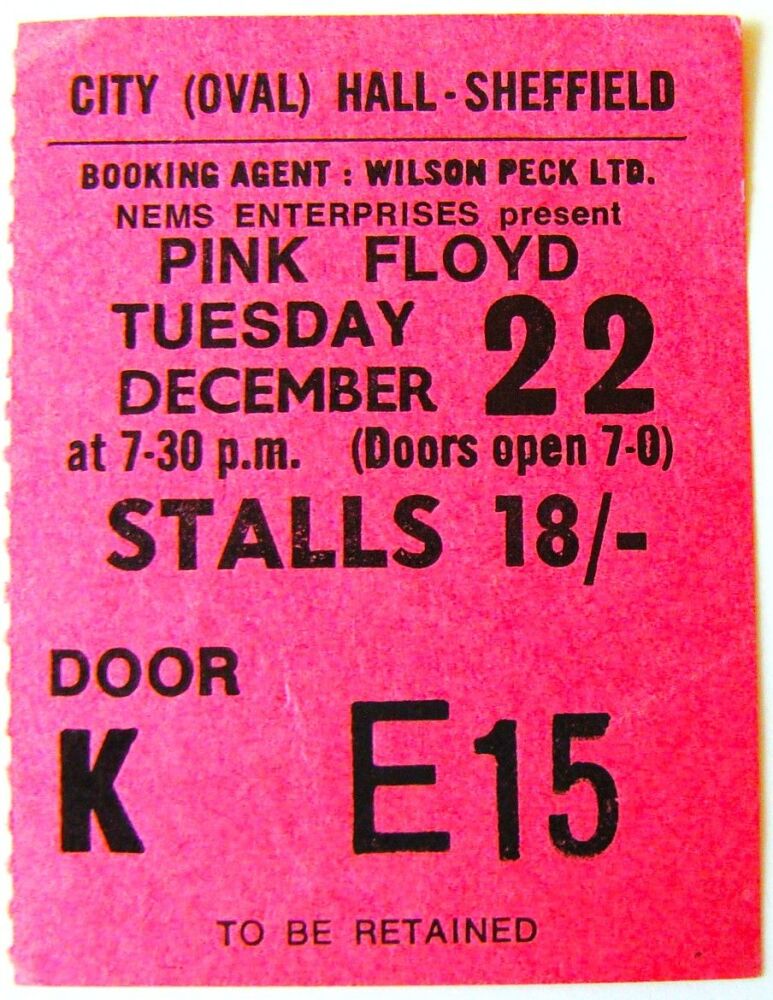 PINK FLOYD RARE CONCERT TICKET TUESDAY 22nd DECEMBER 1970 SHEFFIELD CITY HA