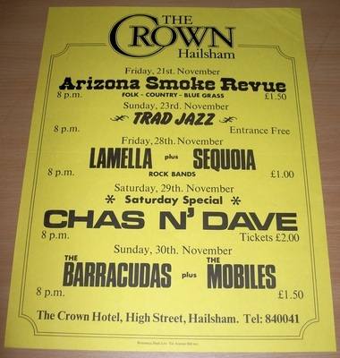 CHAS N' DAVE BARRACUDAS MOBILES CONCERT POSTER NOV 1980 CROWN HOTEL HAILSHA