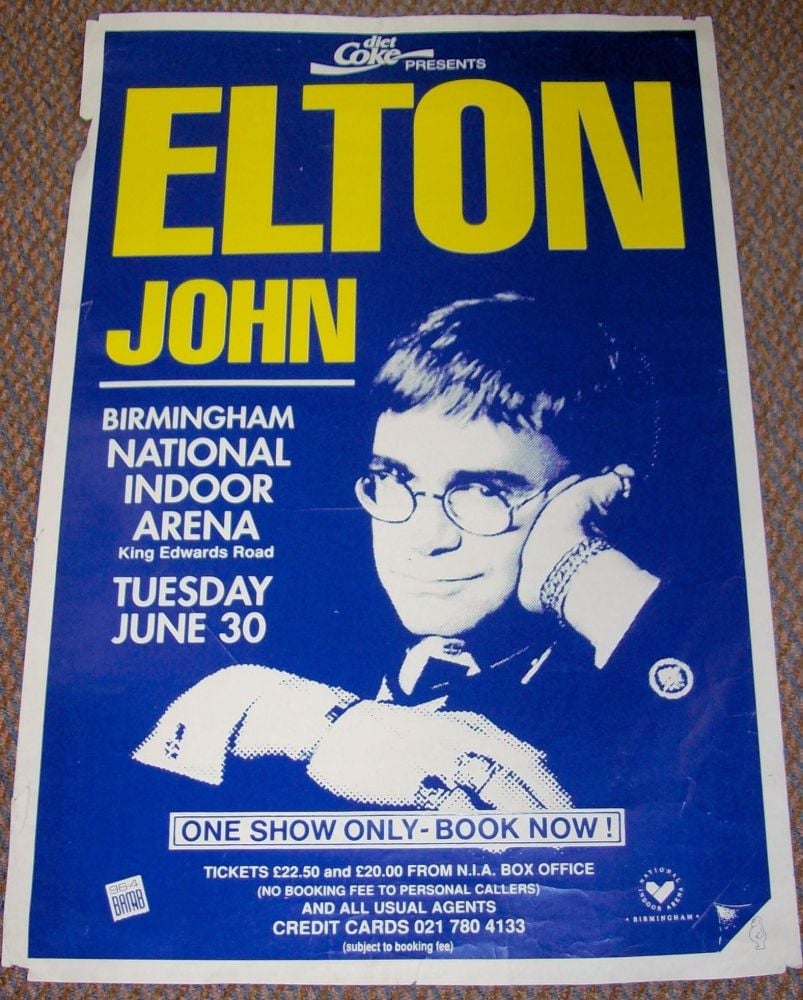 ELTON JOHN STUNNING CONCERT POSTER TUESDAY 30th JUNE 1992 N.I.A. BIRMINGHAM
