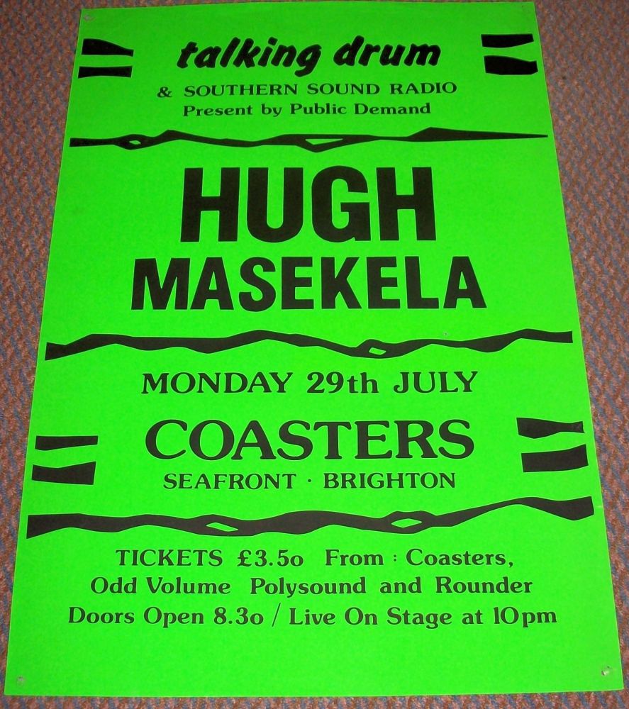 HUGH MASEKELA RARE CONCERT POSTER MONDAY 29th JULY 1985 AT COASTERS BRIGHTO