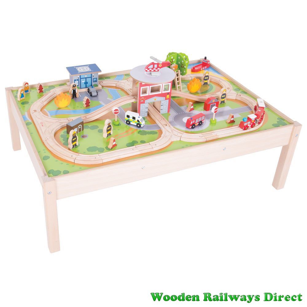 Bigjigs Wooden Railway Fire Station Train Set and Table