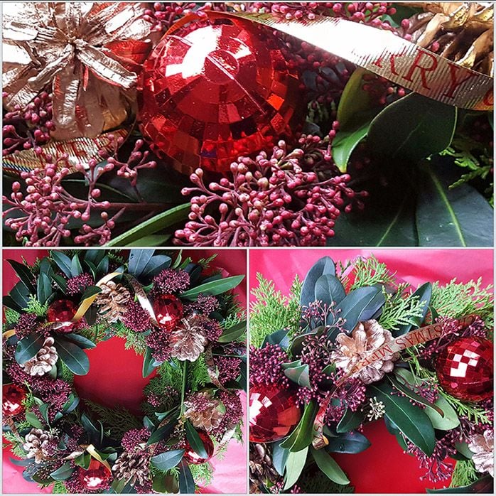 Skimmia christmas wreath with acorns and christmas decorations