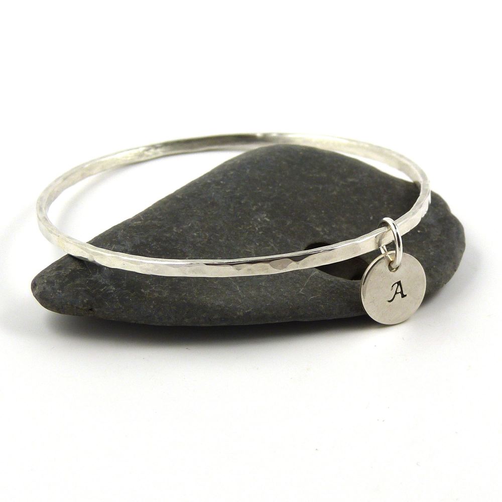 Sterling Silver Hammered Bangle, Handstamped Sterling Silver Disc