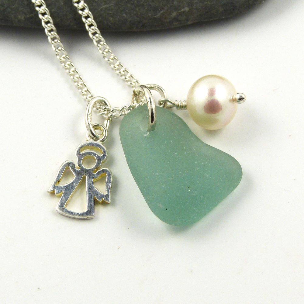 Pale Turquoise Sea Glass , Silver Angel Charm, Freshwater Pearl Necklace 