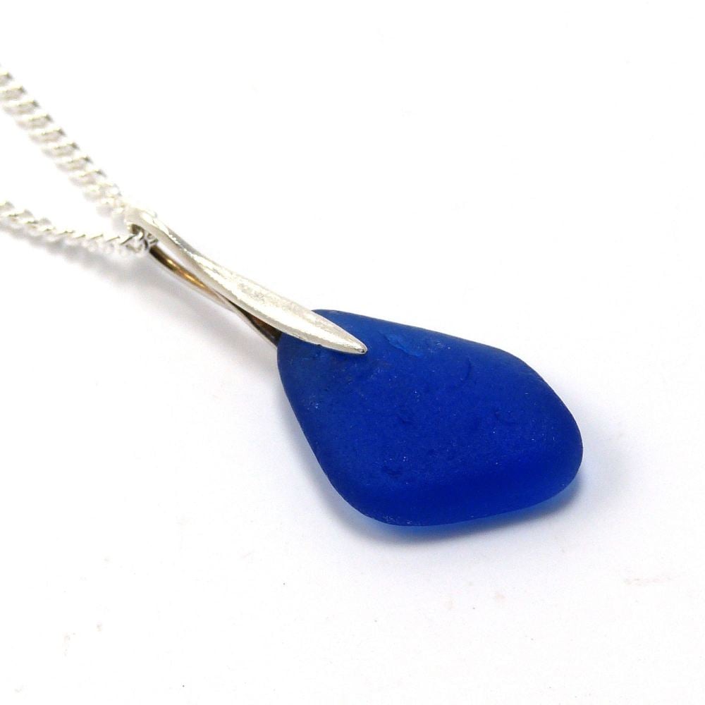 Rare Cobalt Blue Sea Glass Necklace, Beach Glass Pendant, Sterling Silver M