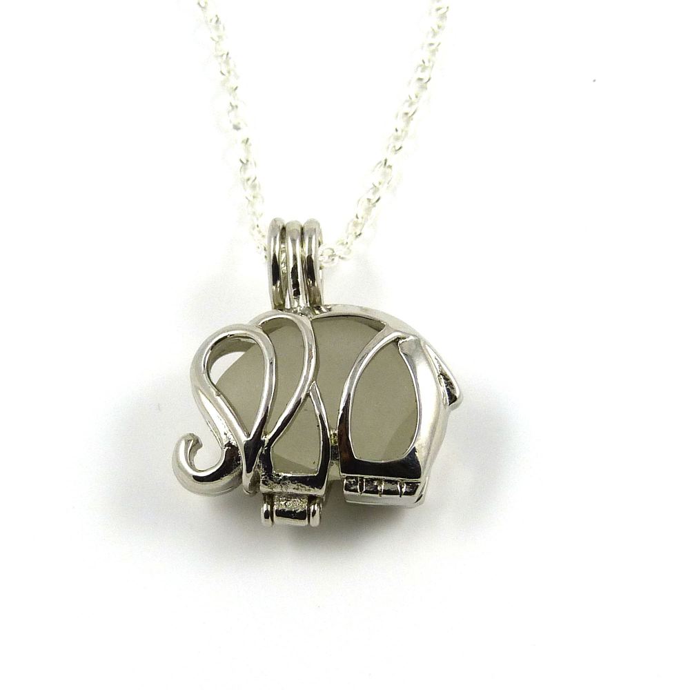 Silver Elephant Locket with White Sea Glass