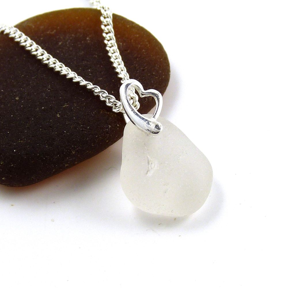 White Sea Glass and Sterling Silver Heart Necklace LEIA