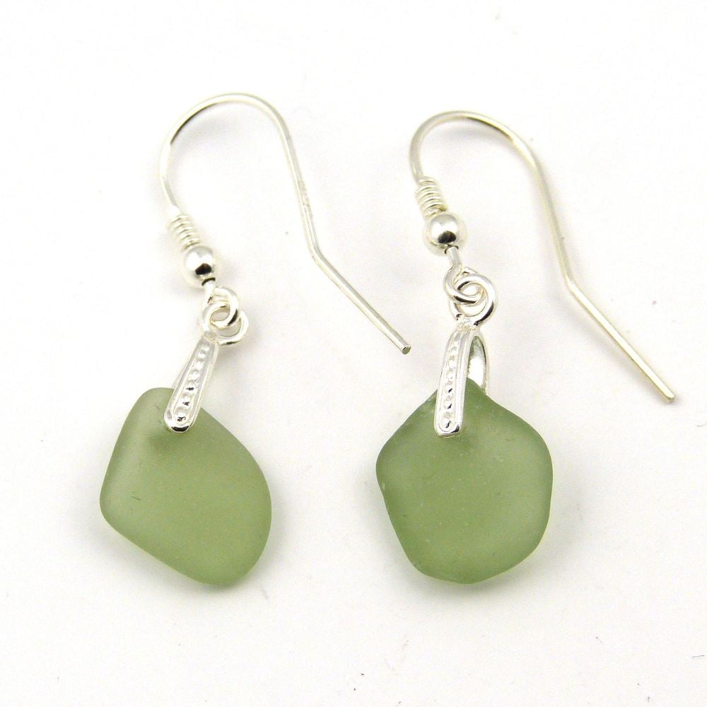 Sage Sea Glass Sterling Silver Earrings