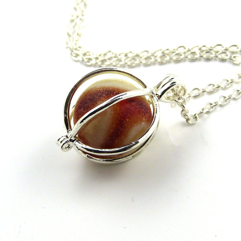 Red and Ivory Swirl Sea Glass Marble Locket Necklace