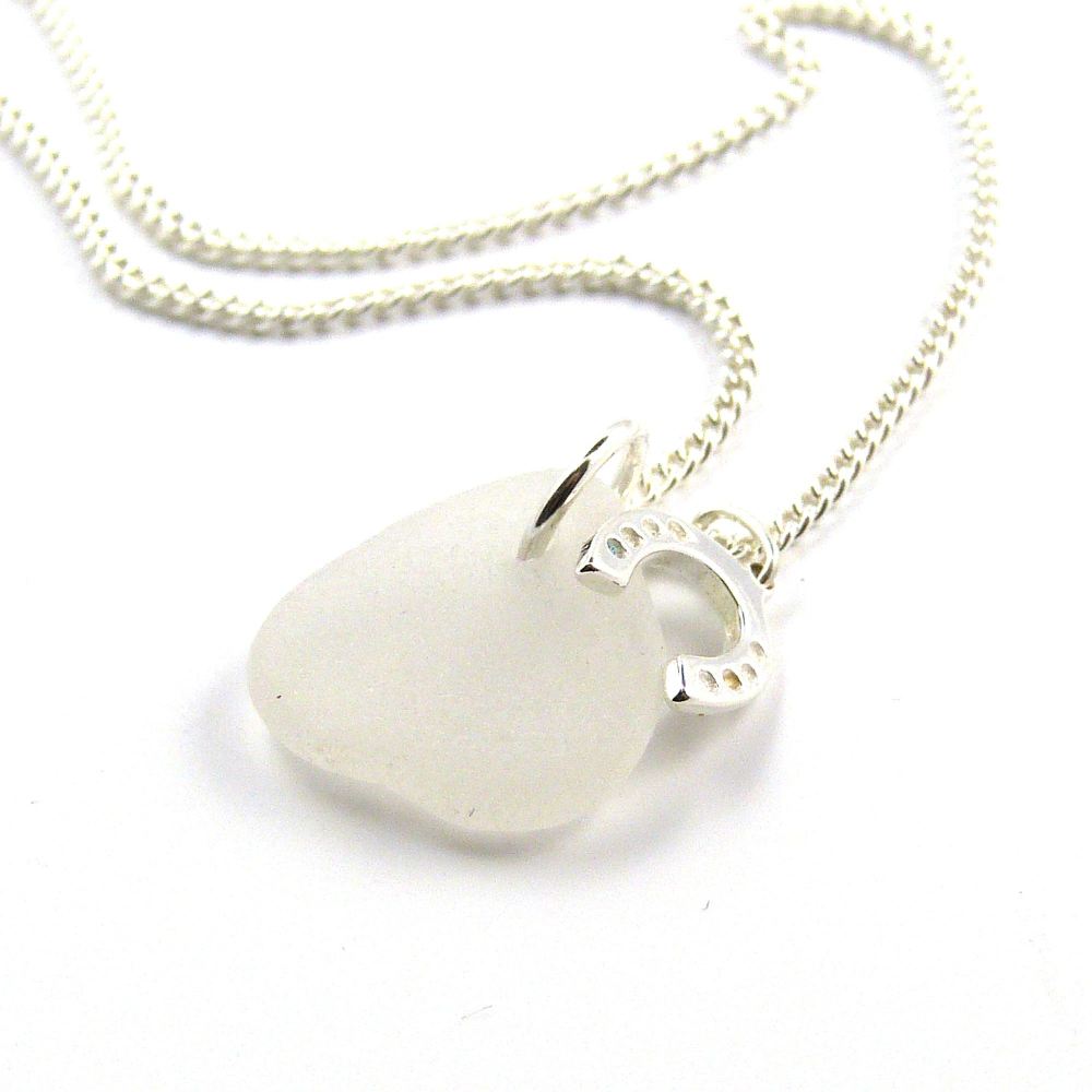 Snow White Sea Glass, Sterling Silver Horseshoe Charm Necklace 