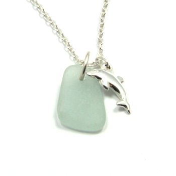 Seafoam Blue Sea Glass and Sterling Silver Dolphin Charm Necklace