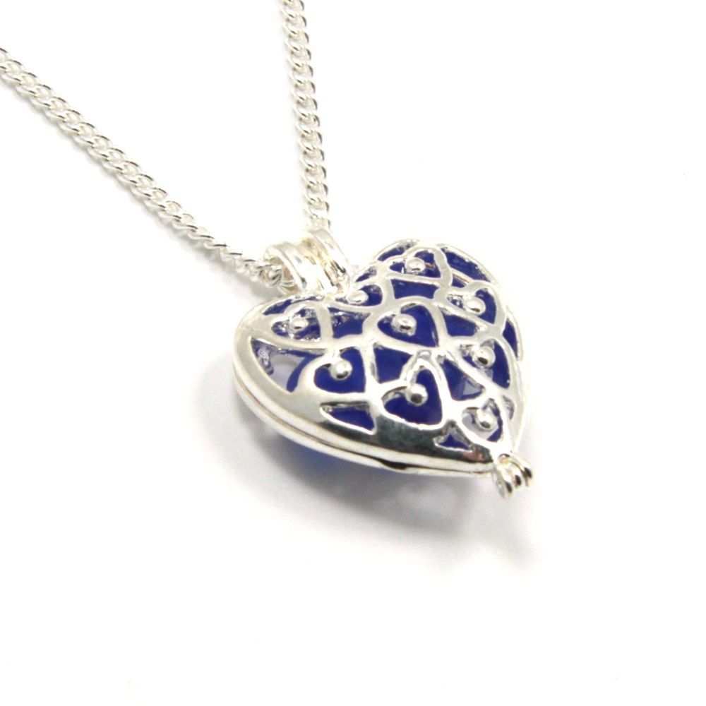 Cobalt Blue Sea Glass Heart Locket Necklace