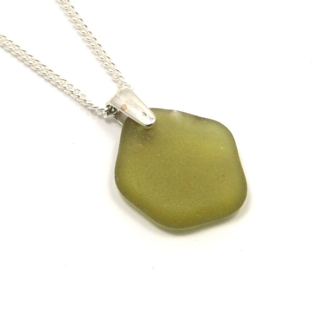 Seaweed Green Sea Glass and Silver Necklace KARINA