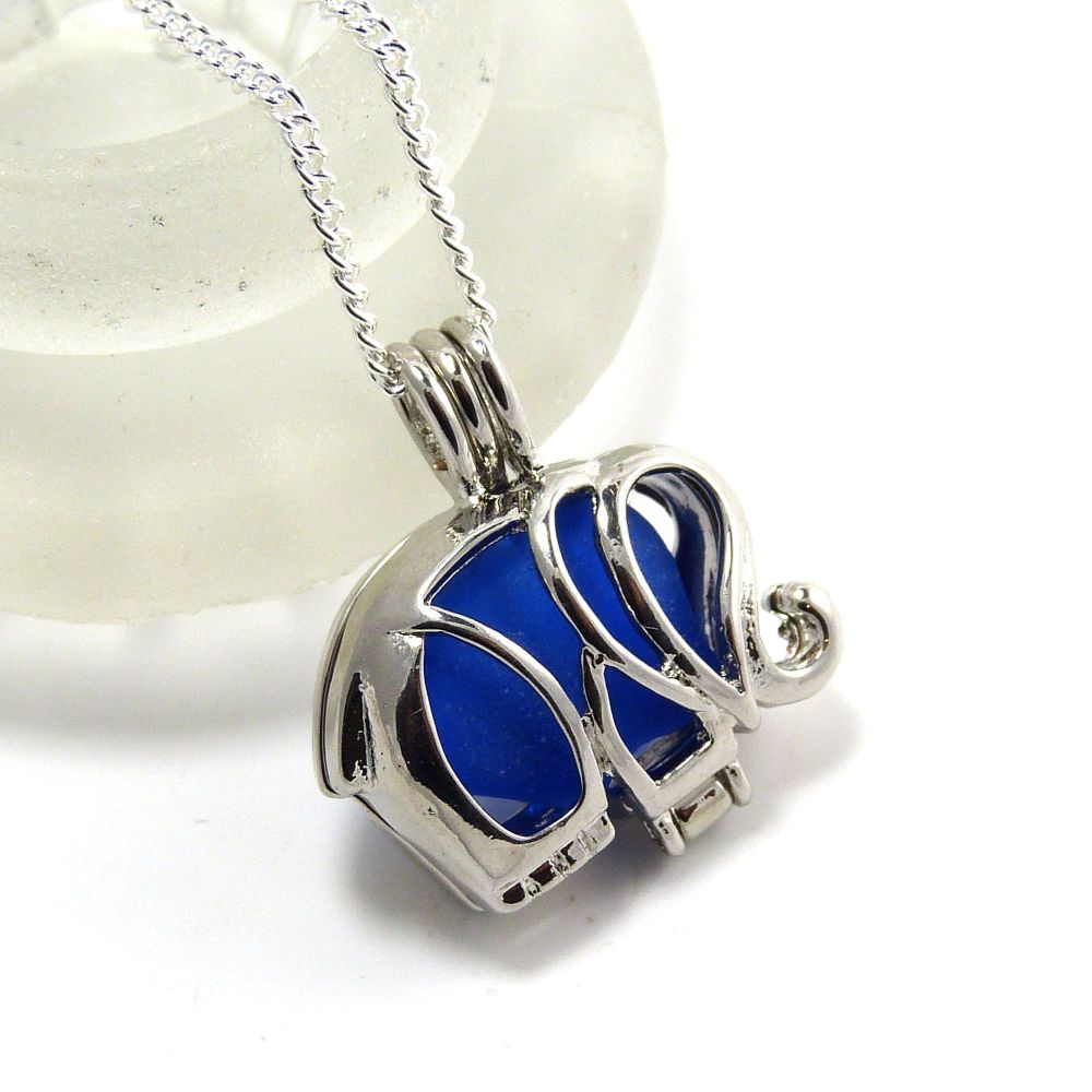 Sapphire Blue Sea Glass Elephant Locket Necklace