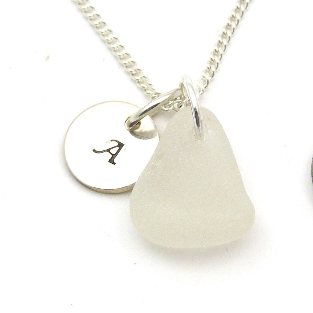 White Sea Glass and Personalised Silver Disc Necklace