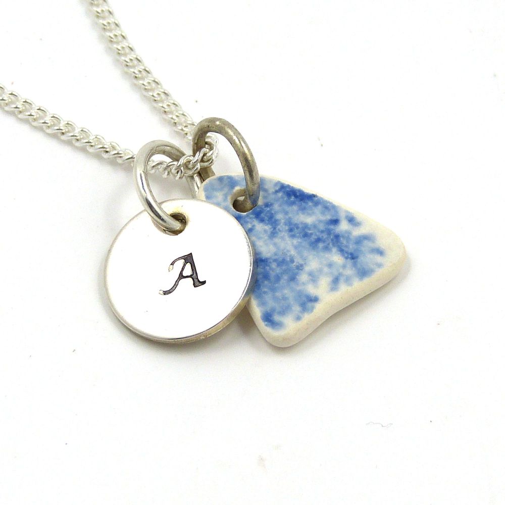 Tiny Blue and White Beach Pottery Necklace 
