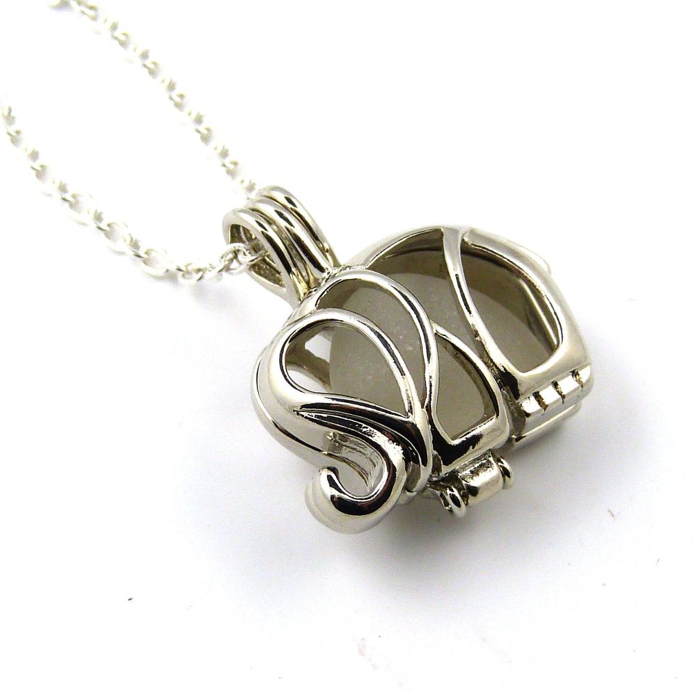 Silver Elephant Locket with Window Pane Blue Sea Glass