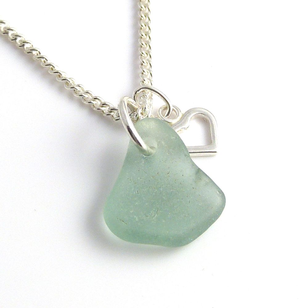 Pale Julep Sea Glass, Tiny Heart Charm, Sea Glass Necklace