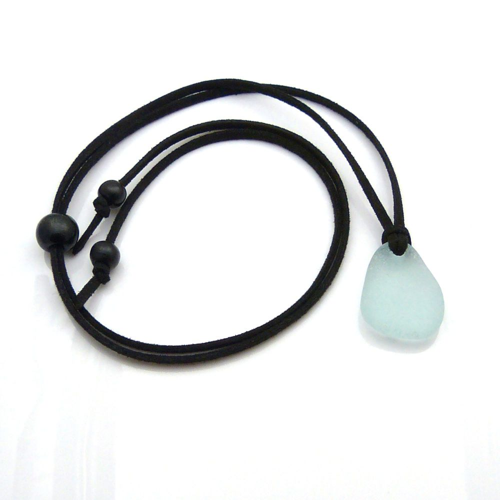 Sea Glass and Faux Suede Long Beach Necklace Pale Blue Sea Glass