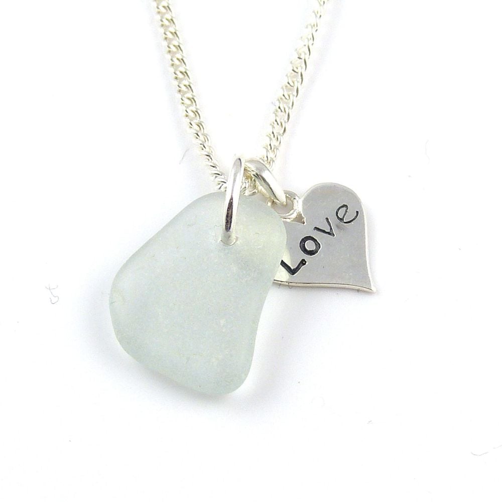 Sea Glass and Sterling Silver Love Heart Necklace, Modern, Bridal, Everyday