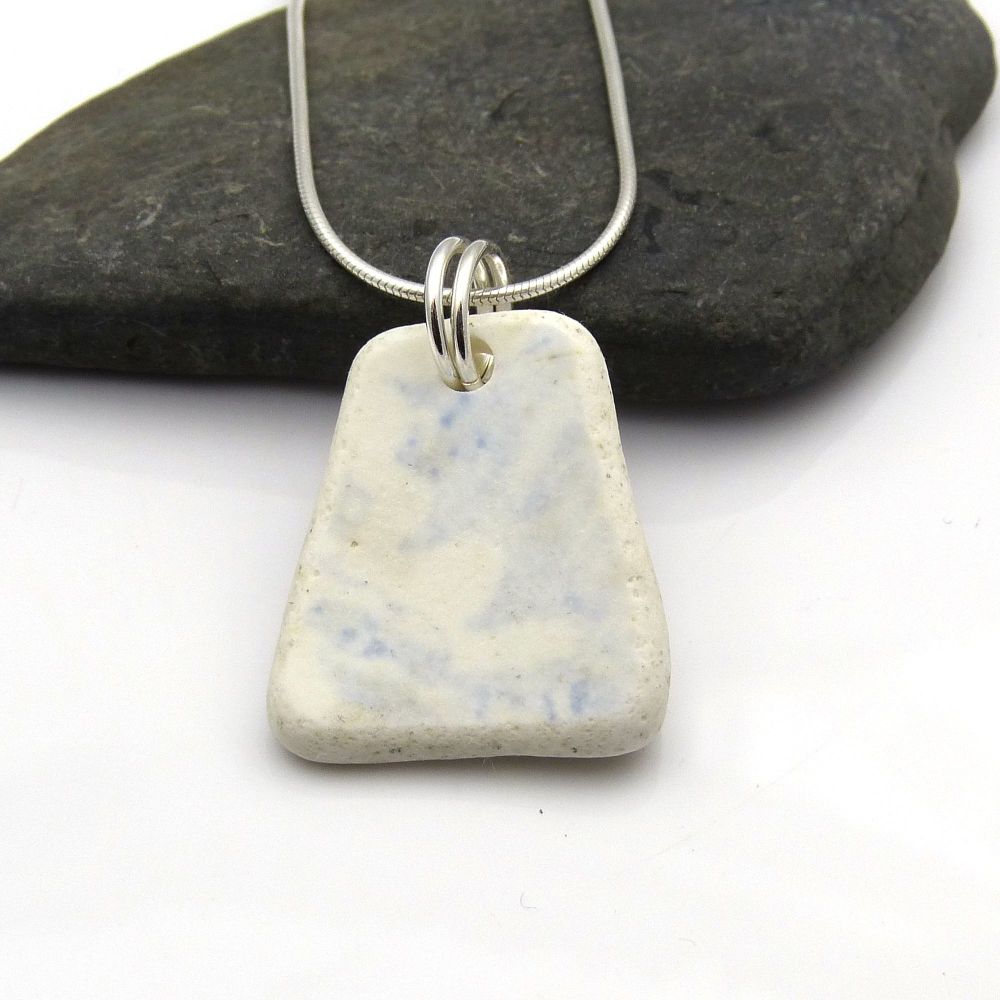 Blue and White English Beach Pottery Pendant Necklace 