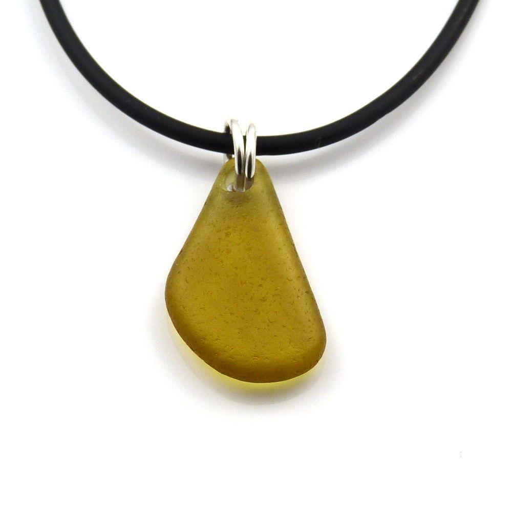  Deep Citron Sea Glass on Rubber and Sterling Silver Necklet
