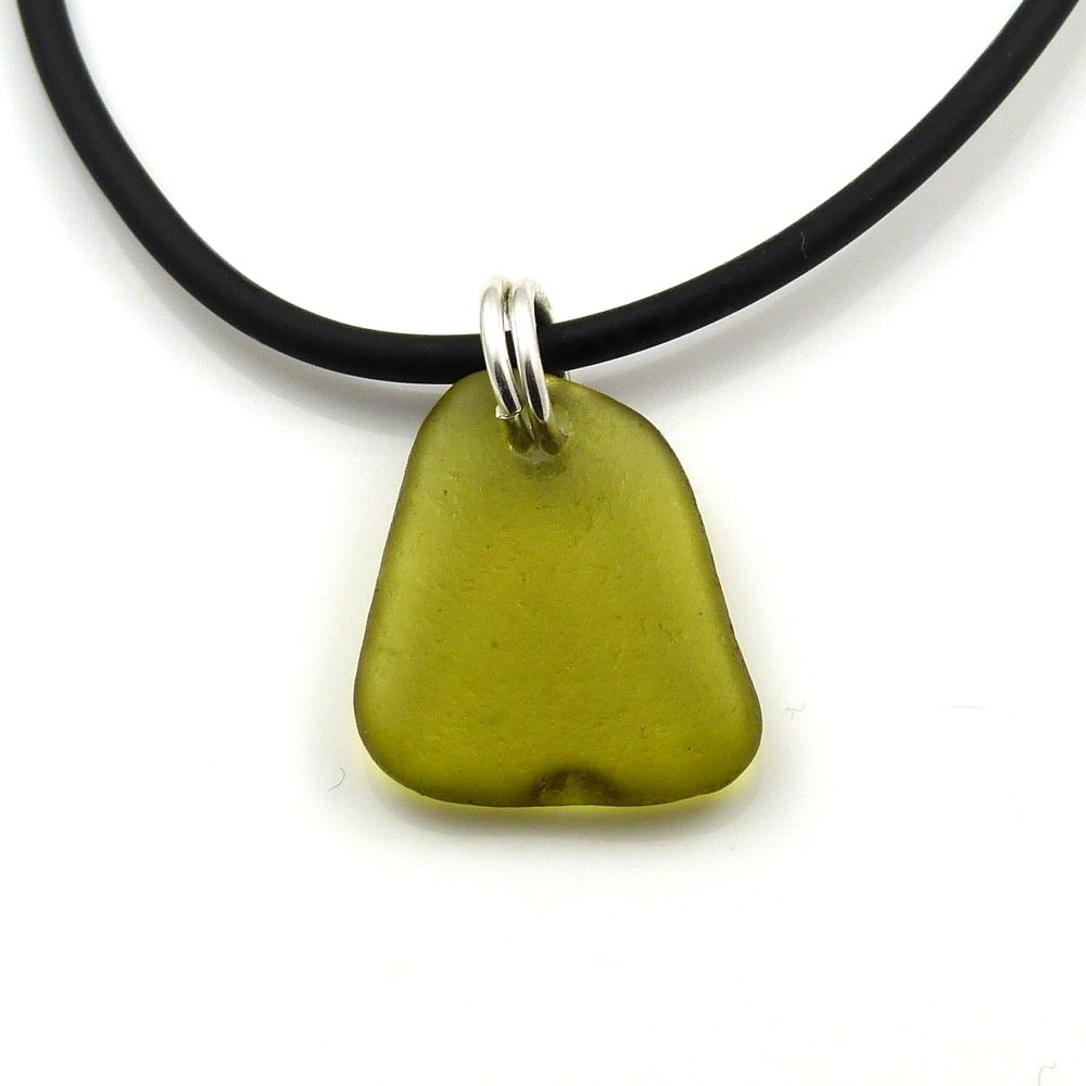 Peridot Sea Glass on Rubber and Sterling Silver Necklet