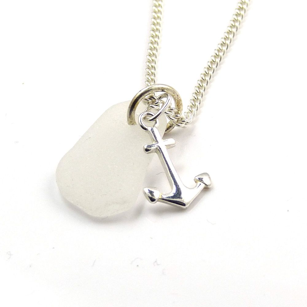 White Sea Glass and Silver Anchor Charm Necklace