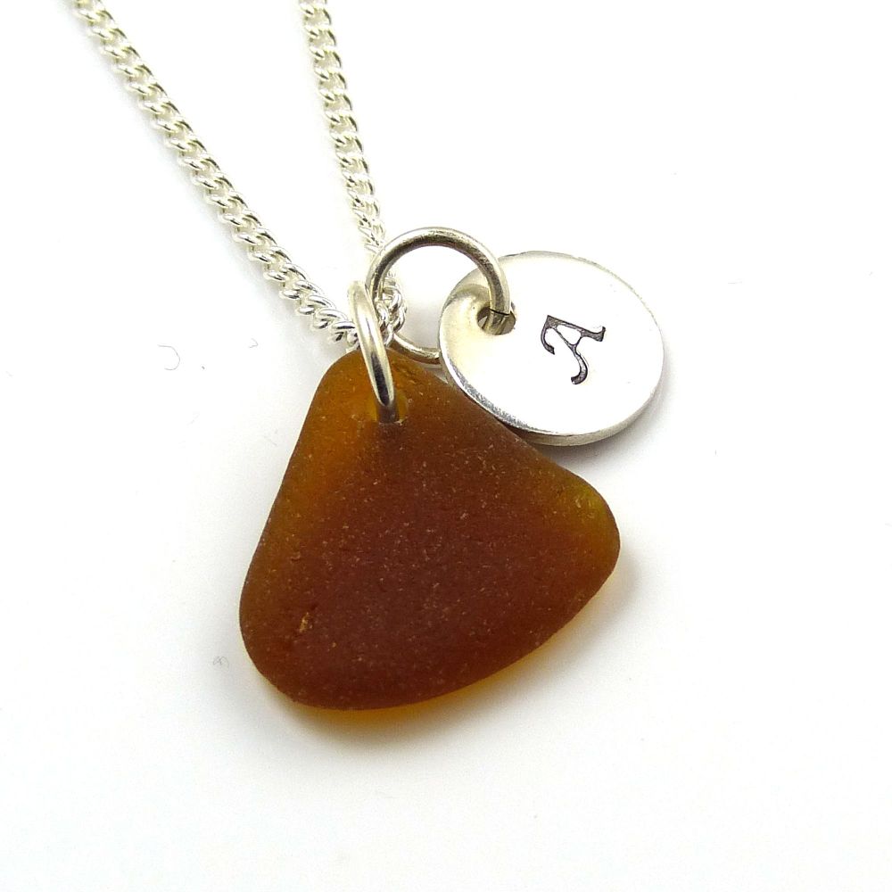 Handmade Personalised Silver Disc Necklace Amber Sea Glass 
