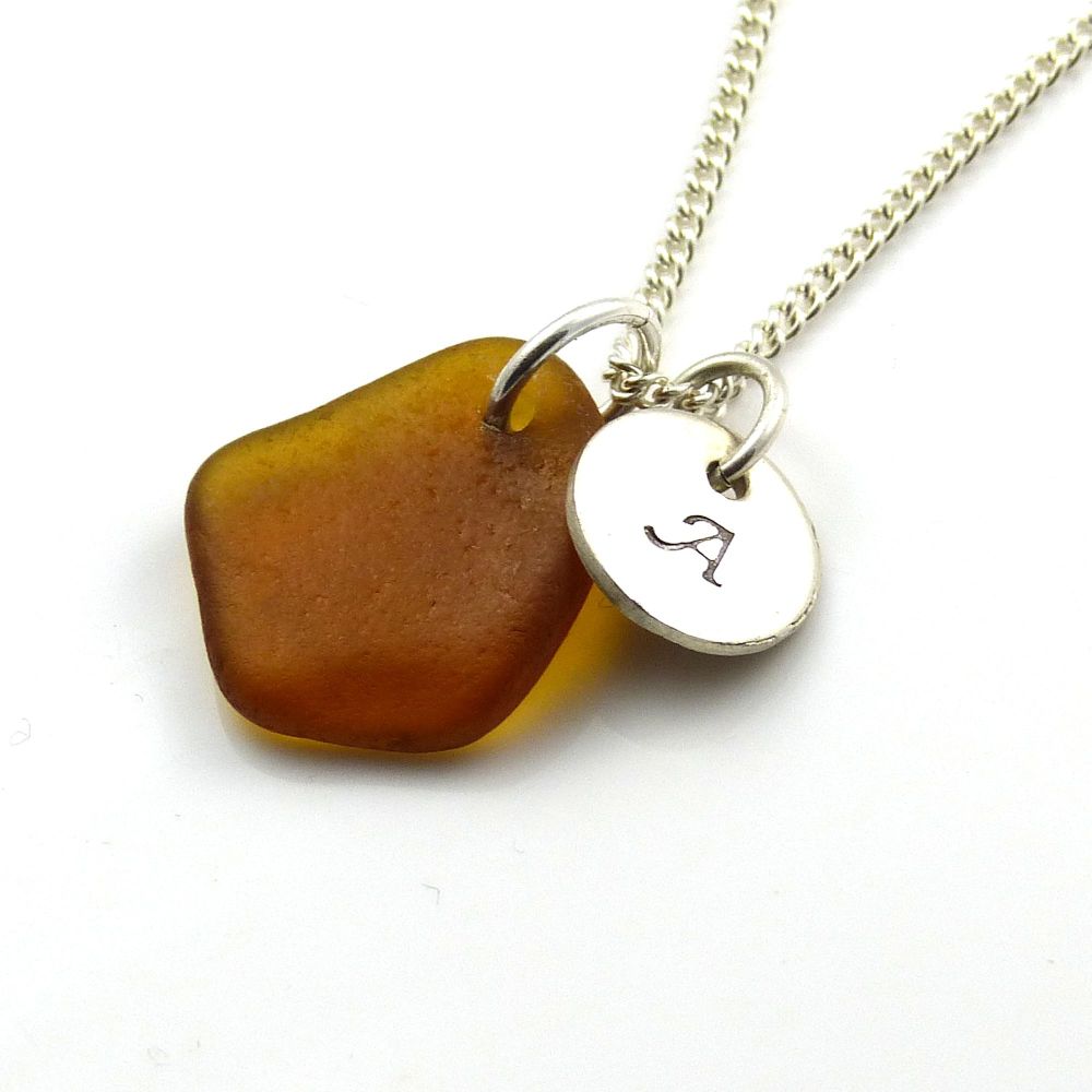 Handmade Personalised Silver Disc Necklace Caramel Sea Glass 