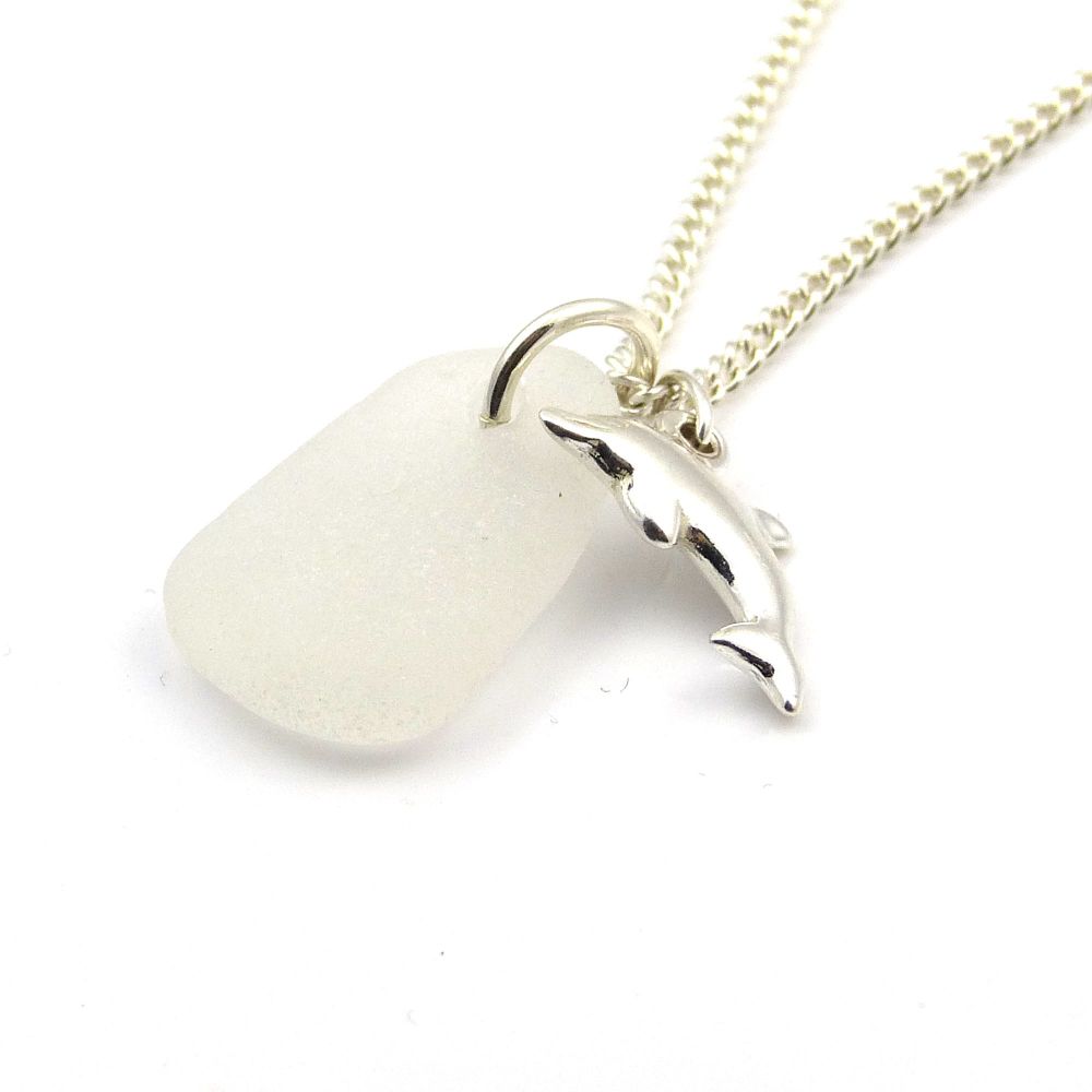 White Sea Glass and Sterling Silver Dolphin Charm Necklace