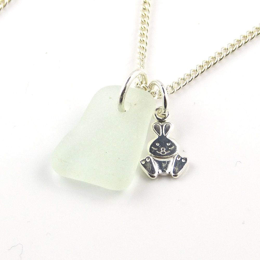 Seamist Sea Glass and Sterling Silver Rabbit Charm Necklace