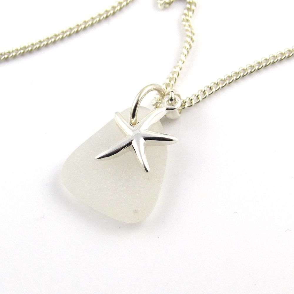 Snow White Sea Glass and Sterling Silver Starfish Necklace