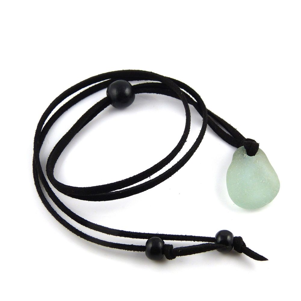 Sea Glass and Faux Suede Long Beach Necklace Seafoam Sea Glass